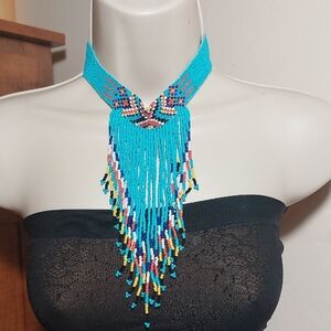 Tribal Bohemian Multicolor Beaded Fringes Bib Choker Statement Necklace